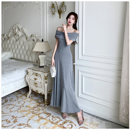 xsrrr New Elegant Solid Strapless Long Dress for Women Summer 2024 Sexy Slim High Waisted Off Shoulder Party Evening Dresses Korean