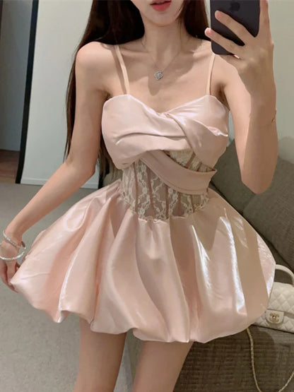 xsrrr French Fashion Princess Elegant One Piece Dress Women Summer New Pink Slim Mini Dress Female Y2k Vintage Sleeveless Dress 2024