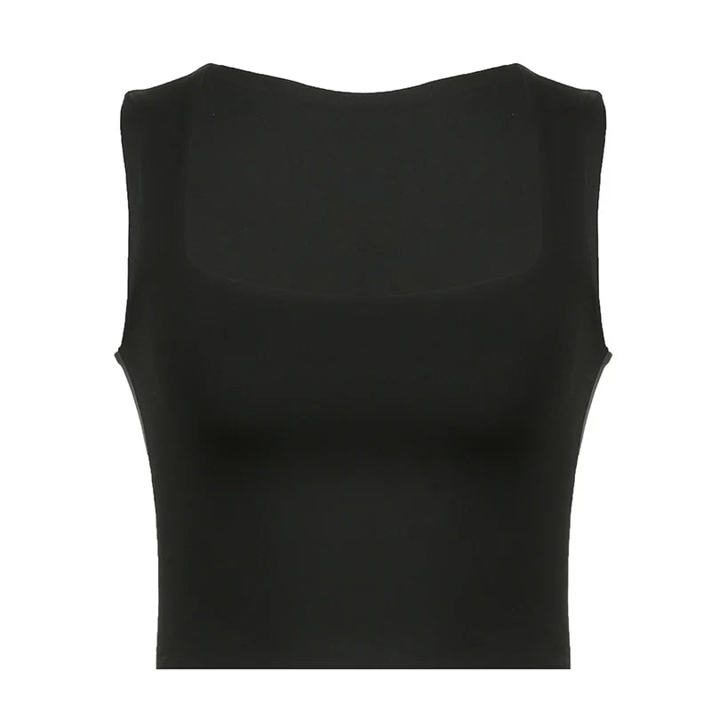 xsrrr Solid Black Square Collar Crop Top Women Sleeveless Basic Tank Tops Vintage Casual Ladies Vest Harajuku Y2k Summer Tees