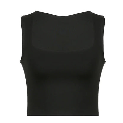 xsrrr Solid Black Square Collar Crop Top Women Sleeveless Basic Tank Tops Vintage Casual Ladies Vest Harajuku Y2k Summer Tees