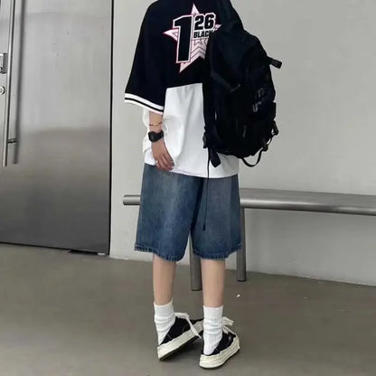 High Street Retro Blue Jeans Shorts Summer New Baggy Wide Leg Denim Half Pants Fashion Streetwear Y2k Clothing Oversize Man