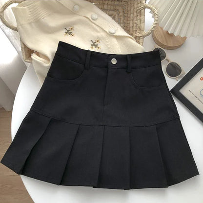 xsrrr Women Sweet Mini Skirt Korean Preppy Style High Waist Folds Female A Line Skirt Y2K Summer Patchwork Pockets New Ladies Skirt