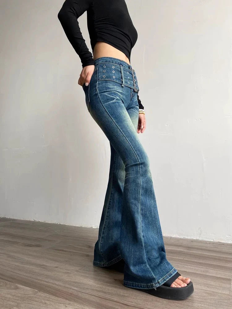 xsrrr 90s Retro Black Blue Belt Flare Jeans for Women Distressed Bootcut Pants High Waist Slim Fit Bell Bottoms Y2k Trousers