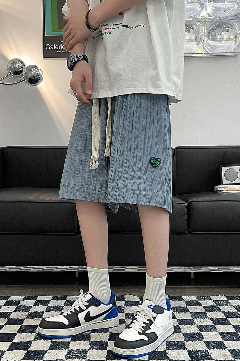 Loose Beach Shorts Thin Summer Sports Straight Wide-leg Casual Pants Oversize Green Label Solid Pleated Five-point Pants Men