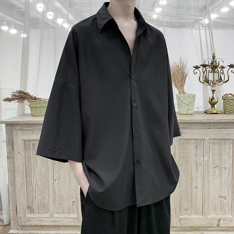 Summer Short Sleeved Shirt Men Oversized Fashion Society Mens Dress Shirt Korean Loose Ice Silk Shirt Mens Office Formal Shirts