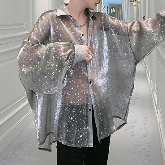 2024 New Starry Sky Mesh Sexy Long-sleeved Shirt Men's Loose Oversize Lapel Shirt Top Sun Protection Shirt See-through Blouse