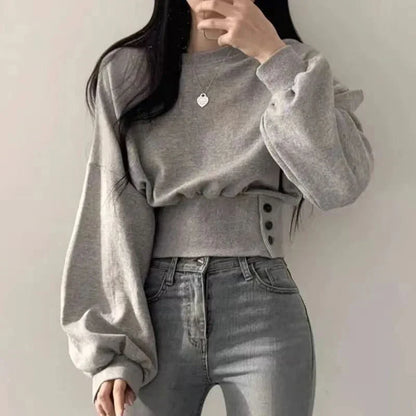 xsrrr FALL OUTFITS Autumn Women Solid O-Neck Slim Crop Top Lantern Sleeve With Button  Sweat Casual Hip-Hop Sporty Pullover Sweet Chic Street Wear