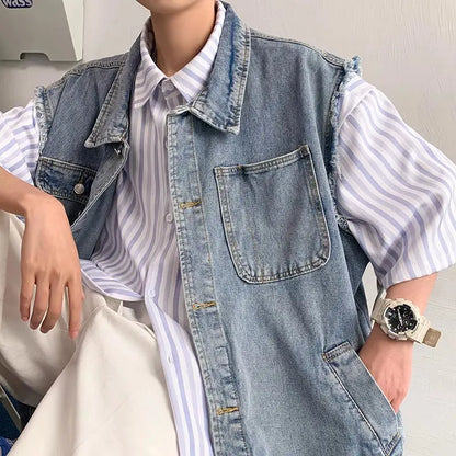 Denim Sleeveless Jacket Men Fashion Oversized Harajuku Denim Jeans Casual Jeans Waistcoat Cowboy Hip Hop Streetwear Clothing