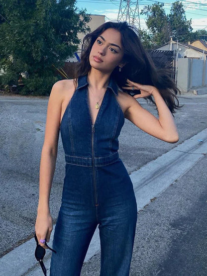 xsrrr Denim Jumpsuit V Neck Zipper Bell Sleeveless Sexy Outifts Elegant Backpacker  Party Summer