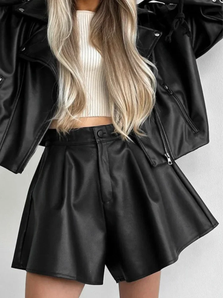 xsrrr Black Leather Shorts Women Autumn Winter Pleated High Waist Sexy Pu Shorts Casual Wide Leg Shorts Female Office Ladies