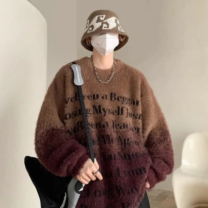 Mink Casual Fleece Tie Dyed Gradient Couple Sweater Men's Lazy Oversize Mohair Knitwear Winter Student  Hip Hop Male and Female y2k