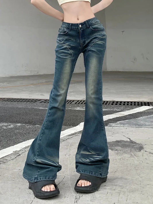 xsrrr Vintage Flare Jeans Low Rise Women Sexy Fashion Washed Jean Pants cyber Y2K Grunge Fairycore Denim Trousers Korean