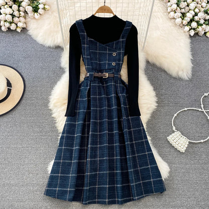 xsrrr DRESS TO IMPRESS Vintage Korean Two Piece Set Dress Women Autumn Winter Plaid Woolen Spaghetti Strap Dress With Belt Long Sundress Vestidos