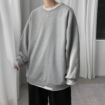 Mens Casual Sweatshirts Hoodie Men Fake Two Pieces Oversized Japanese Streetwear Sweatshirts Man Harajuku O-Neck Hoodie