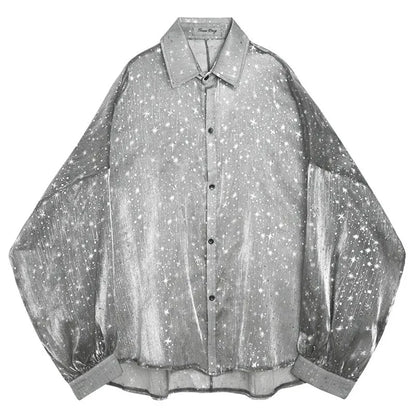 2024 New Starry Sky Mesh Sexy Long-sleeved Shirt Men's Loose Oversize Lapel Shirt Top Sun Protection Shirt See-through Blouse