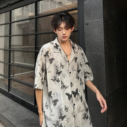 Summer Butterfly Printed Tie-dye Shirt Men Windsor Collar Loose Casual Short Sleeve Shirts Oversize Streetwear Boy Girl Blouses