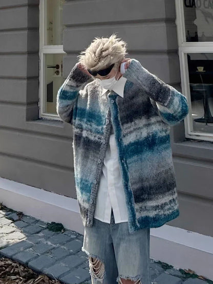 Striped Knitted Sweater Coat Men Japanese Y2K Oversize Casual Autumn Winter Loose V-Neck Cardigan for Men Rainbow Color