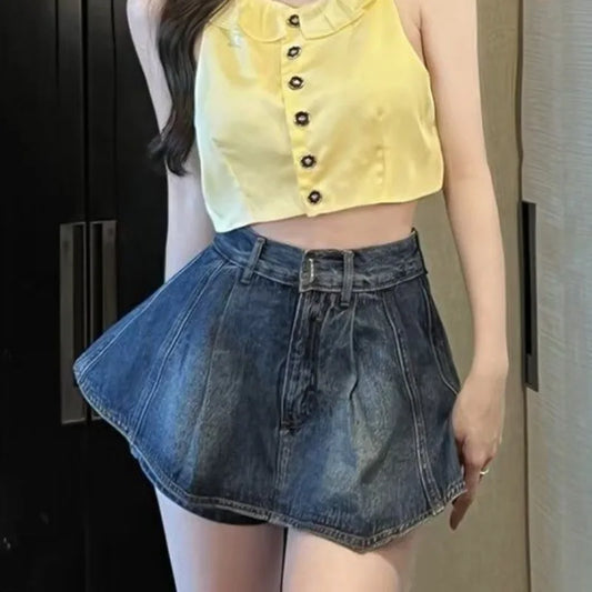 xsrrr Fake Two Pieces High Waisted Denim Shorts Skirt Women's Summer Korean Slimming Pleated Short Dresses Spicy Girl A-line Hot Pants