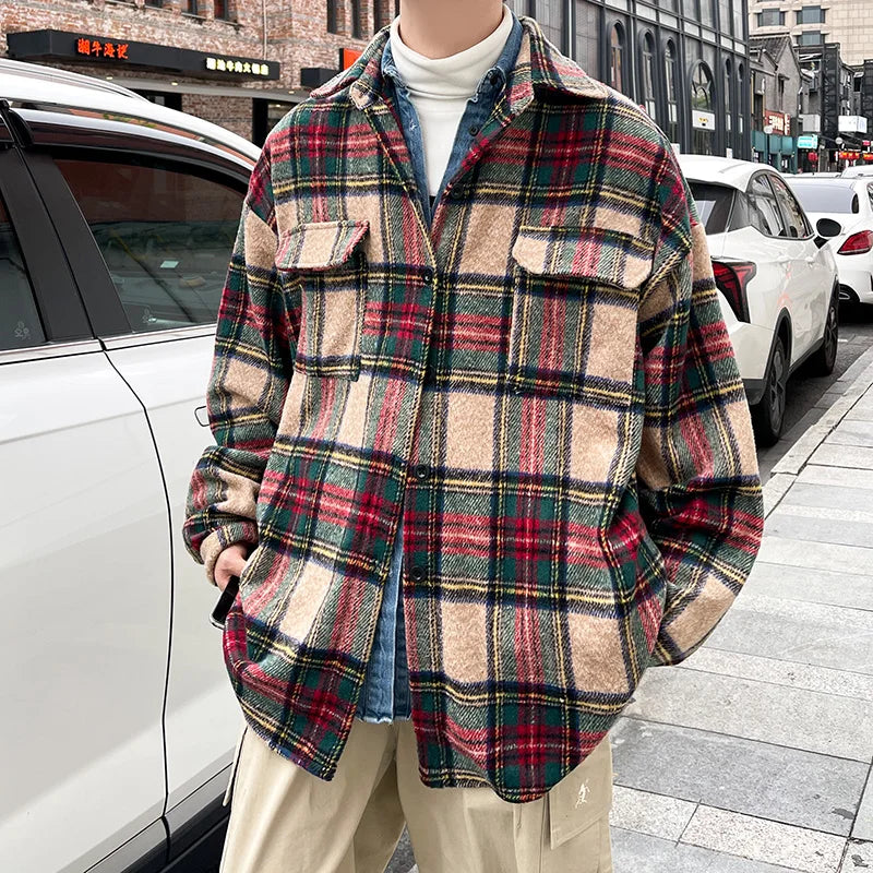 Thick Plaid Woolen Coat Men Warm Oversized Retro Thickened Woolen Jacket Mens Streetwear Korean Loose Short Woolen Coat Men