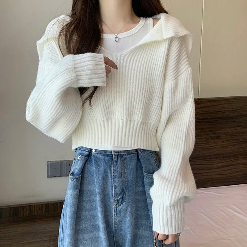 xsrrr Long Sleeve Cropped Sweater Women Autumn Winter Turn Down Collar Knitted Jumper Woman Korean Style Solid Color Jerseys