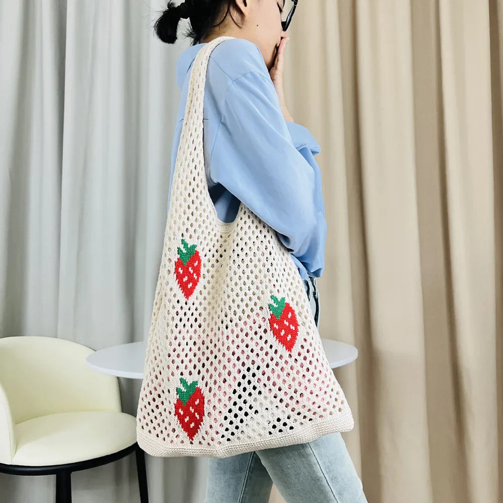 xsrrr Cute Strawberry Cherry Crochet Shoulder Bag for Women Large Shopper Bag Casual Tote Handbags Summer Beach 2024 New Women's Bag