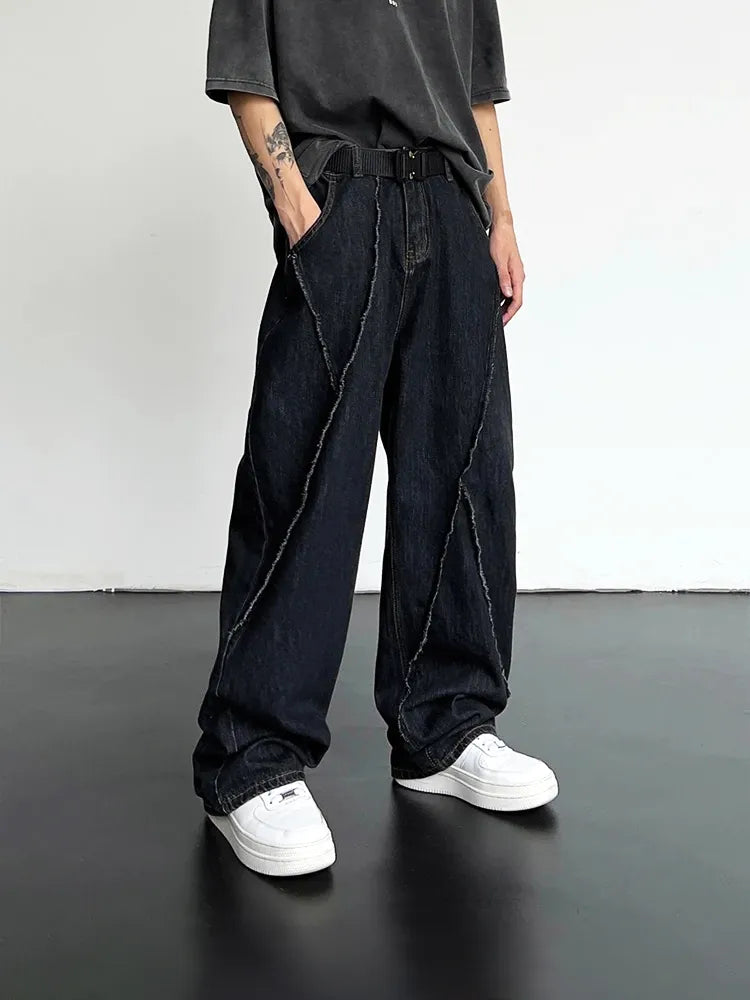 2024 Men HipHop Distressed Jeans Pants Men Ripped Patchwork Denim Pants Male Oversized Loose Casual Streetwear Wide Leg Trousers