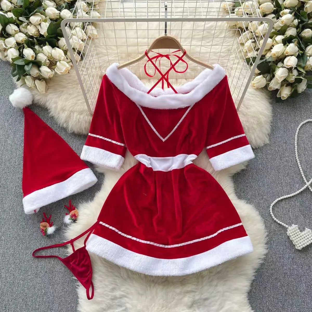 xsrrr New in Christmas Dress Women's Secret Clothes Sexy Slim Red Short Dress Pajama Erotic Lingerie Winter Hotsweet Bodycon Nightwear