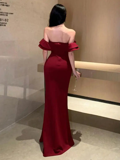 xsrrr DRESS TO IMPRESS Red Sexy Club Backless High Split Ruffles Wrapped Hip Dress Elegant Luxury Off Shoulder Party Evening Dresses Women Summer