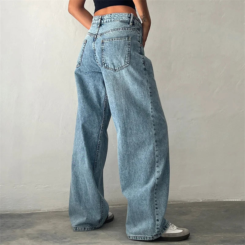 xsrrr y2k Jeans Women Clothes Fashion Solid Color Low Waist Waist Wide Leg Denim Pants Trousers with Pockets 2000s Streetwear