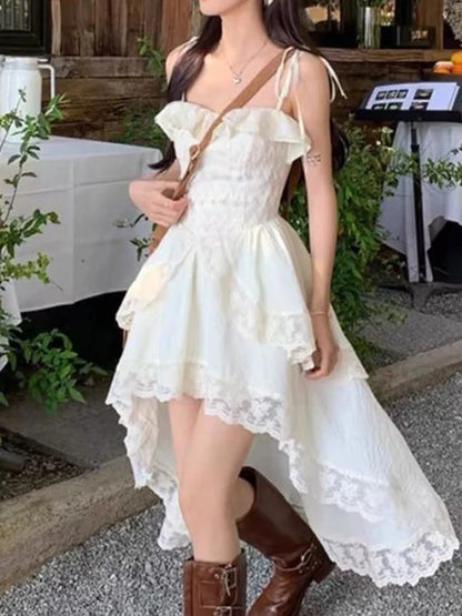 xsrrr Sweet Casual Irregular Slip Dress Women Ruffles Designer Sexy Elegant Fairy Dress Female 2024  Summer Fashion Korean Party Dress