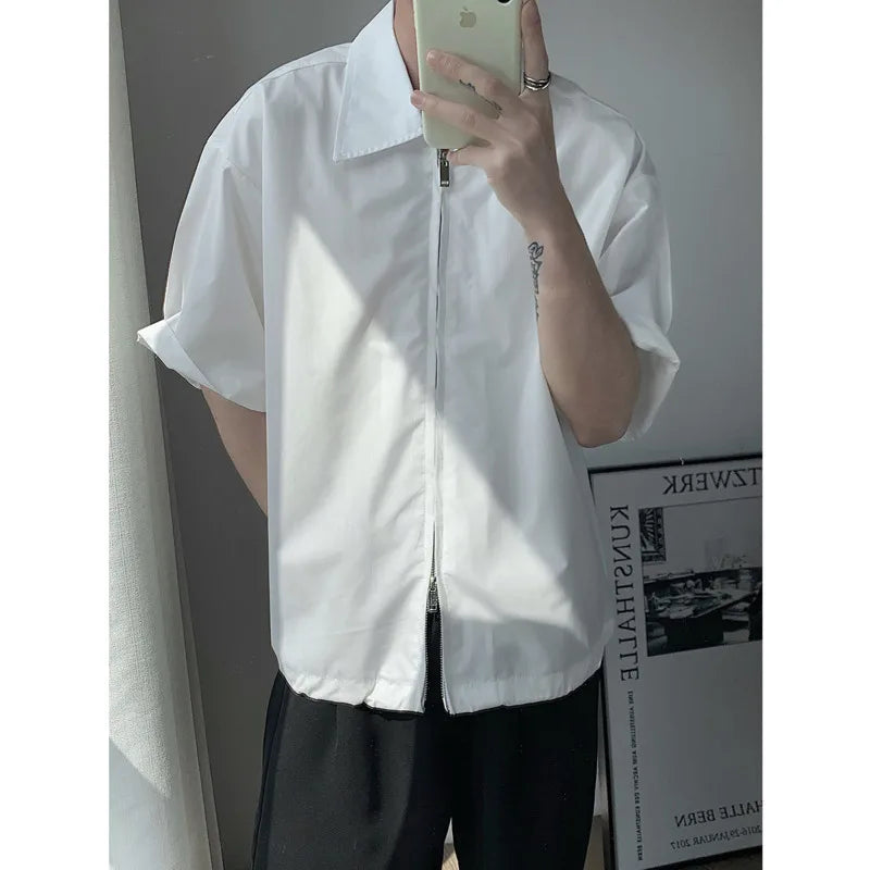 Summer Short Sleeved Shirt Men Fashion Oversized Zip Shirt Men Korean Loose Black White Dres Shirts Mens Ice Silk Shirt M-2XL