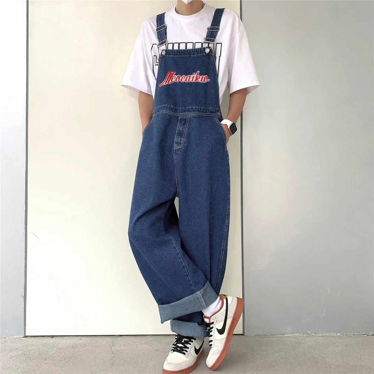 Loose Printed Letters Jeans Blue Overalls Men's Oversize Casual Hiphop Straight Wide-leg Pants Four Seasons Work Denim Trousers