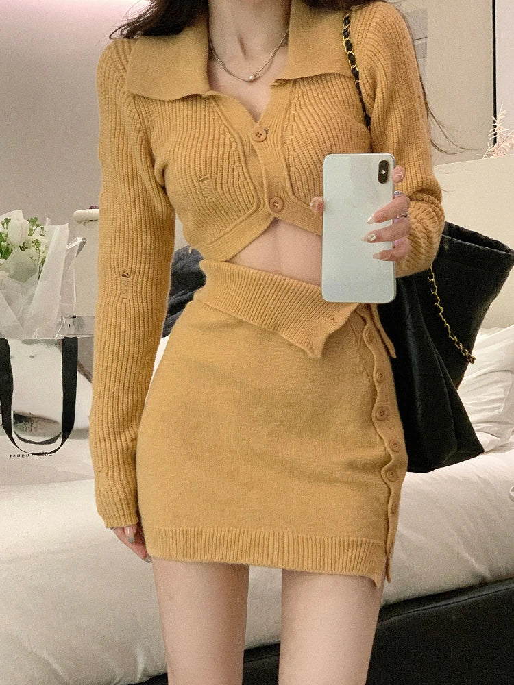 xsrrr BACK TO SCHOOL OUTFIT Knitted 2 Piece Dress Set Dress Women Autumn Casual Long Sleeve Korean Style Sweater Suit Office Lady Elegant Y2k Chic Sets