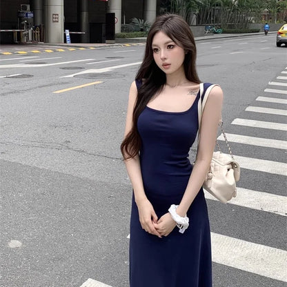 xsrrr Summer Women Versatile Streetwear Dress Lady Fashion Navy Blue Suspender Dress Female Daily Off Shoulder Slim Fit Long Dress