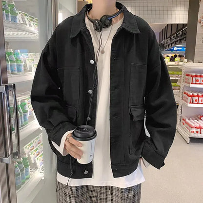 Black Denim Short Jacket Men Jeans Jacket Coats Oversized Harajuku Denim Jeans Jacket Bomber Streetwear Man Clothing Outwear