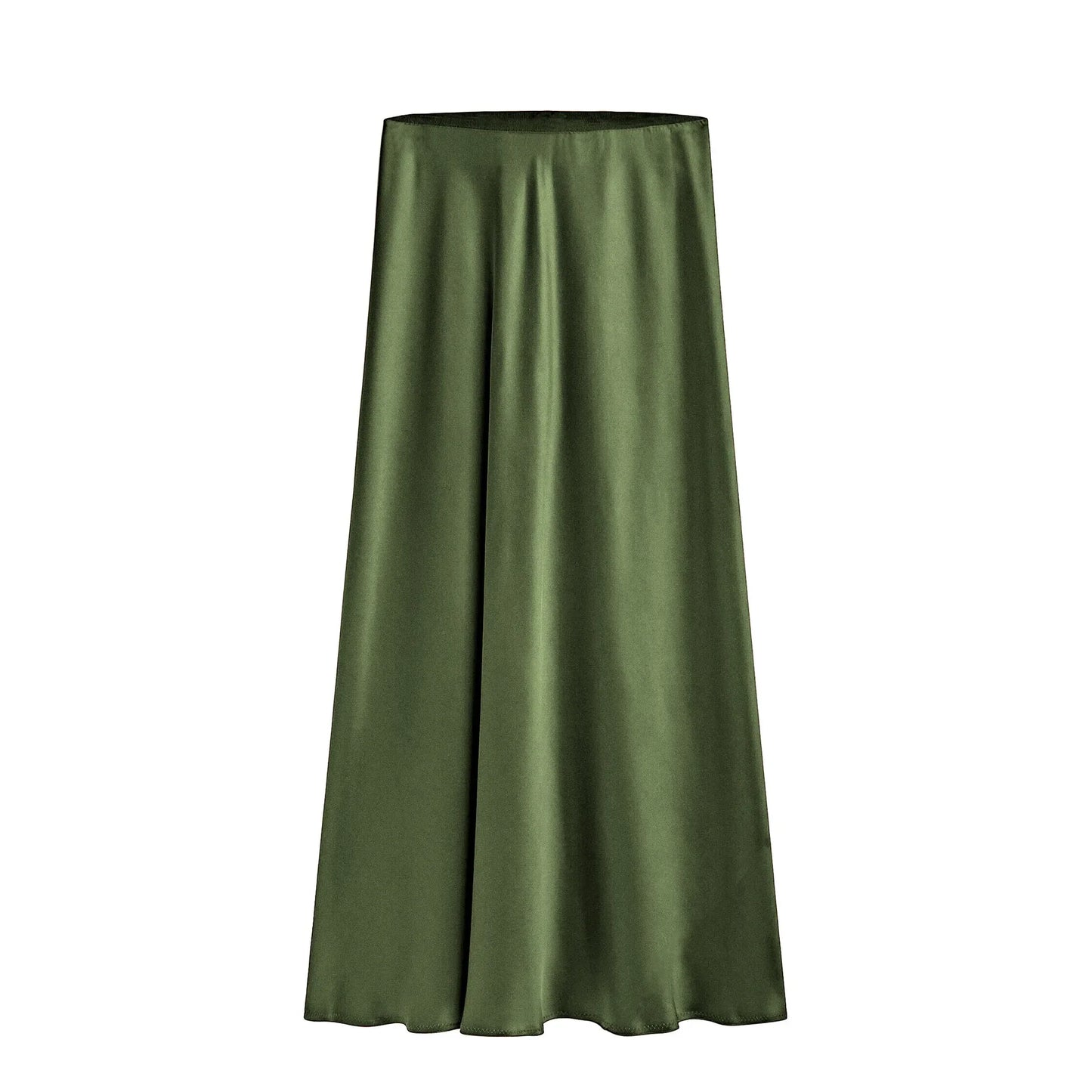 xsrrr Silk Satin Skirts for Women 2024 Summer Casual Style A-line Solid Color Elastic High Waist Side Slit Champagne Skirt