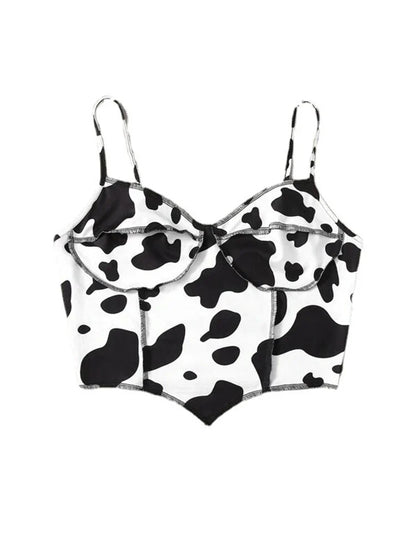 xsrrr Summer Sexy Women's Cow Print Ruffled Tank Top Print Contrast Stitching Camisole Tank Top