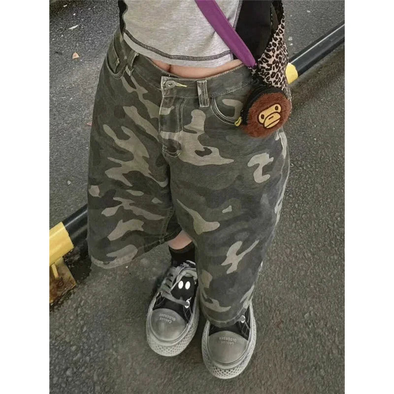 xsrrr Womens Short Summer Camouflage High Waist Jeans Y2K Straight Calf-Length Pants Trousers Streetwear Vintage Wide Leg Denim Shorts