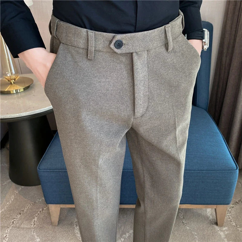 Thick Men's Suit Pants Autumn Winter Brushed Woolen Loose Slim Solid Youth Pants Trend Casual Business Pencil Trousers Oversized