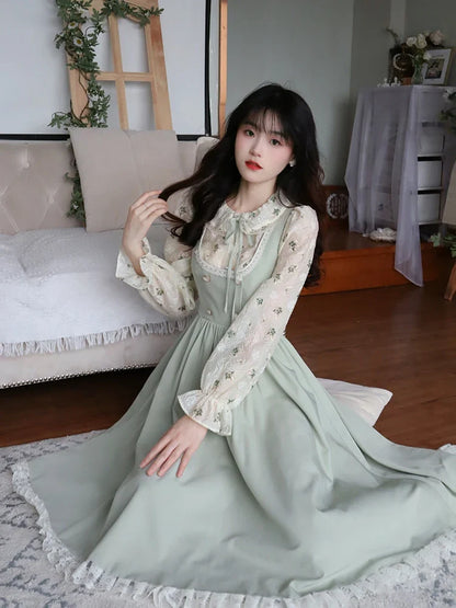 xsrrr DRESS TO IMPRESS Green Elegant Vintage Strap Dress Women Spring Lace Evening Party Midi Dresses Ladies Retro Korean Sweet Kawaii Fairy Dress