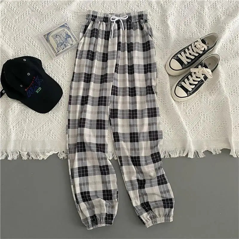 xsrrr Casual Pants for Women Korean New Fashion Loose Black Plaid Summer Harajuku Students Harem Long Pants Streetwear Trousers Chic