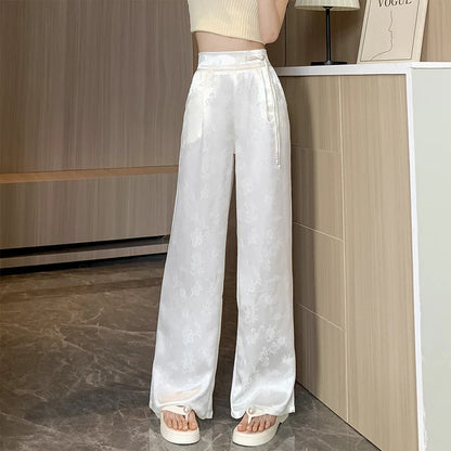 xsrrr New 2024 Spring Summer Wide Leg Loose Pants For Women Black Or White Color Chinese Style High Waist Jacquard Trousers Women