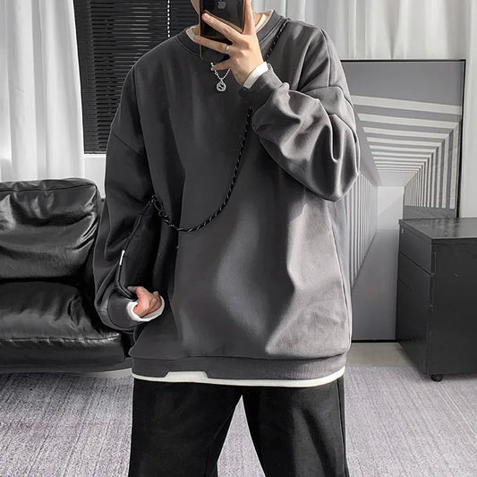 Mens Casual Sweatshirts Hoodie Men Fake Two Pieces Oversized Japanese Streetwear Sweatshirts Man Harajuku O-Neck Hoodie