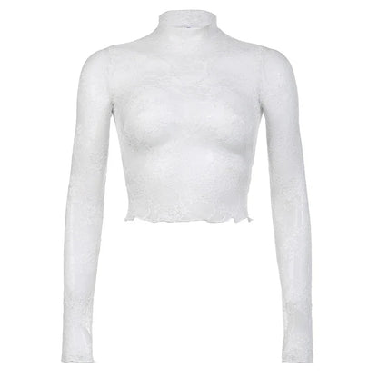 xsrrr Transparent Lace Crop Top Women Elegant Sexy Solid White Long Sleeve Slim T-shirt Korean Fashion Shirts y2k Aesthetic Tee