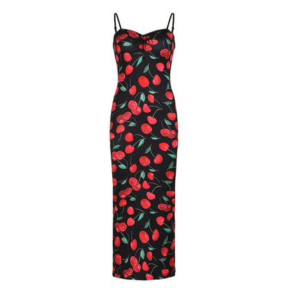 xsrrr Spaghetti Strap Elegant Summer Long Dress Cherry Printed Fashion Folds Beach Holidays Sundress Sexy Women's Dresses