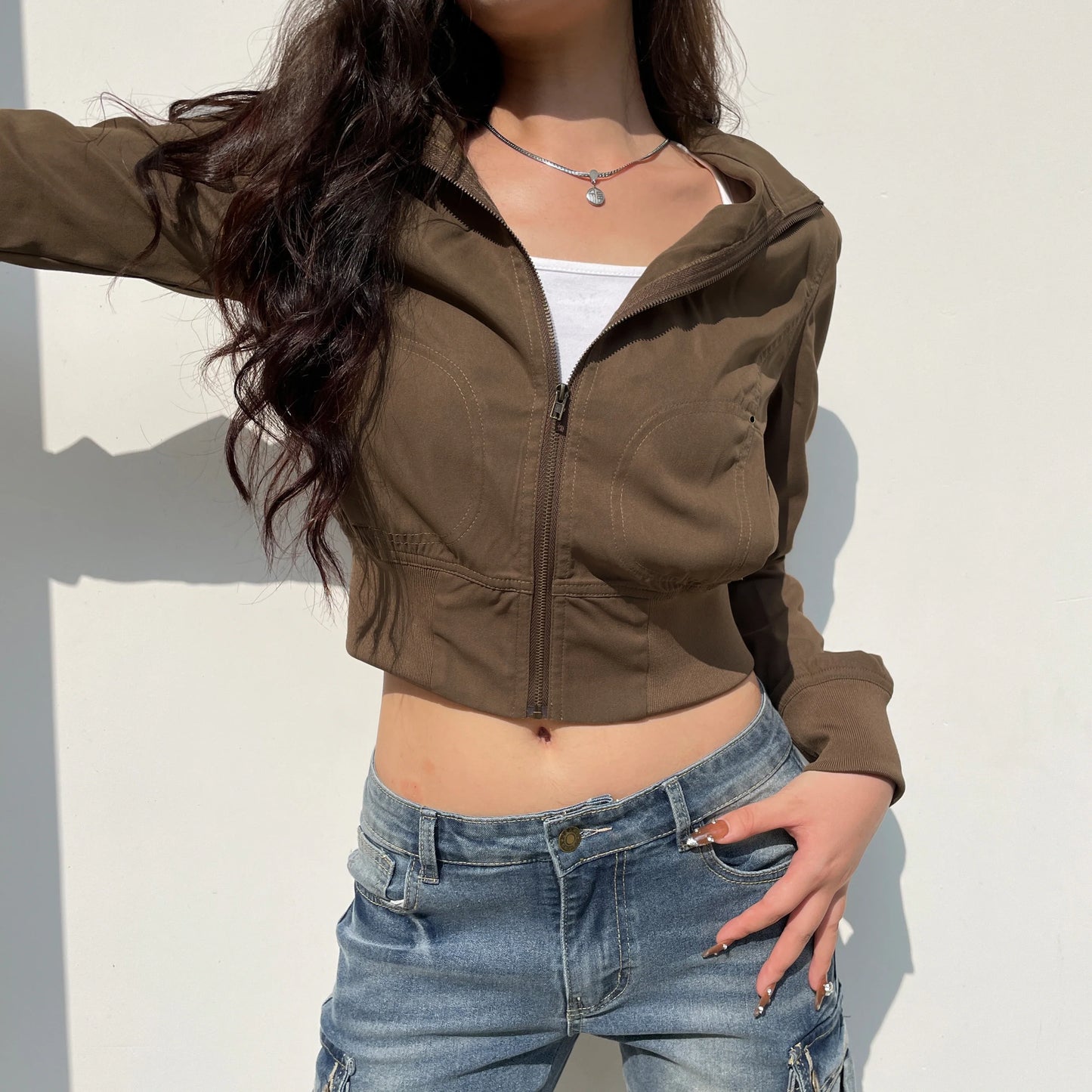 xsrrr Vintage Brown Cropped Jackets Women Harajuku Casual Slim Cargo Zipper Coat Y2K Streetwear Long Sleeve Outerwear Autumn