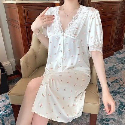 xsrrr Retro Court Style Square Collar Long Sleeve Nightdress New Spring Women Nightgown Sleepwear Sweet Print Flower Lace Home Dress