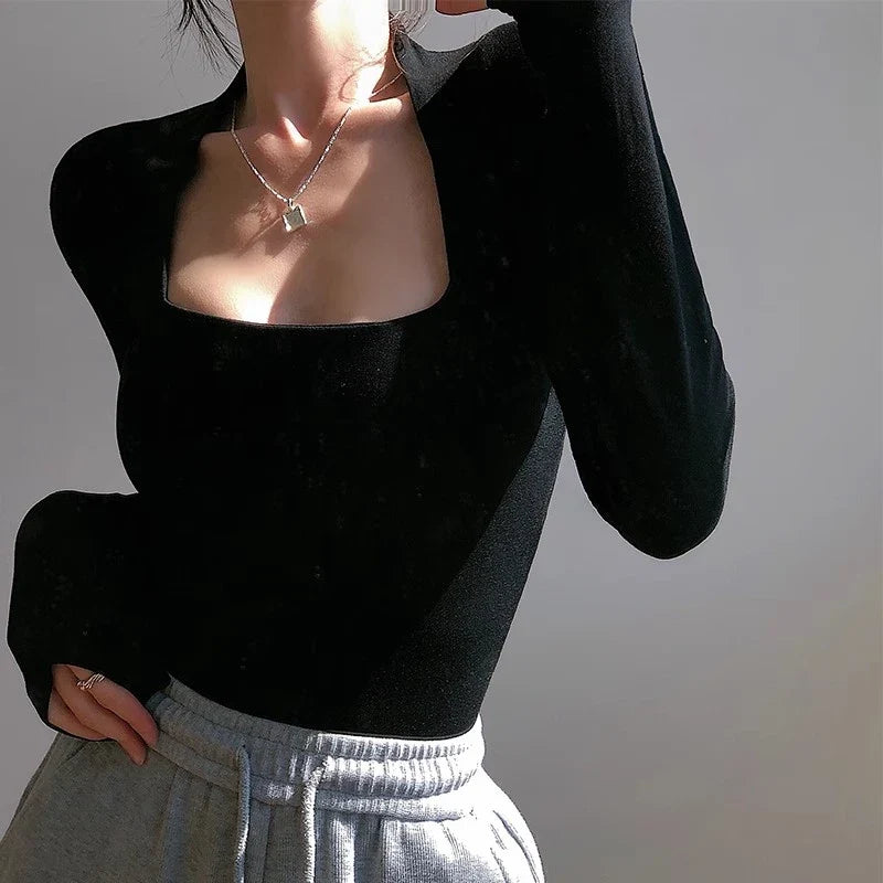 xsrrr Square Collar Warm Long Sleeve Tops Casual Women T Shirts Autumn Winter Skinny Sexy Solid Basic Crop Top Fashion Streetwear