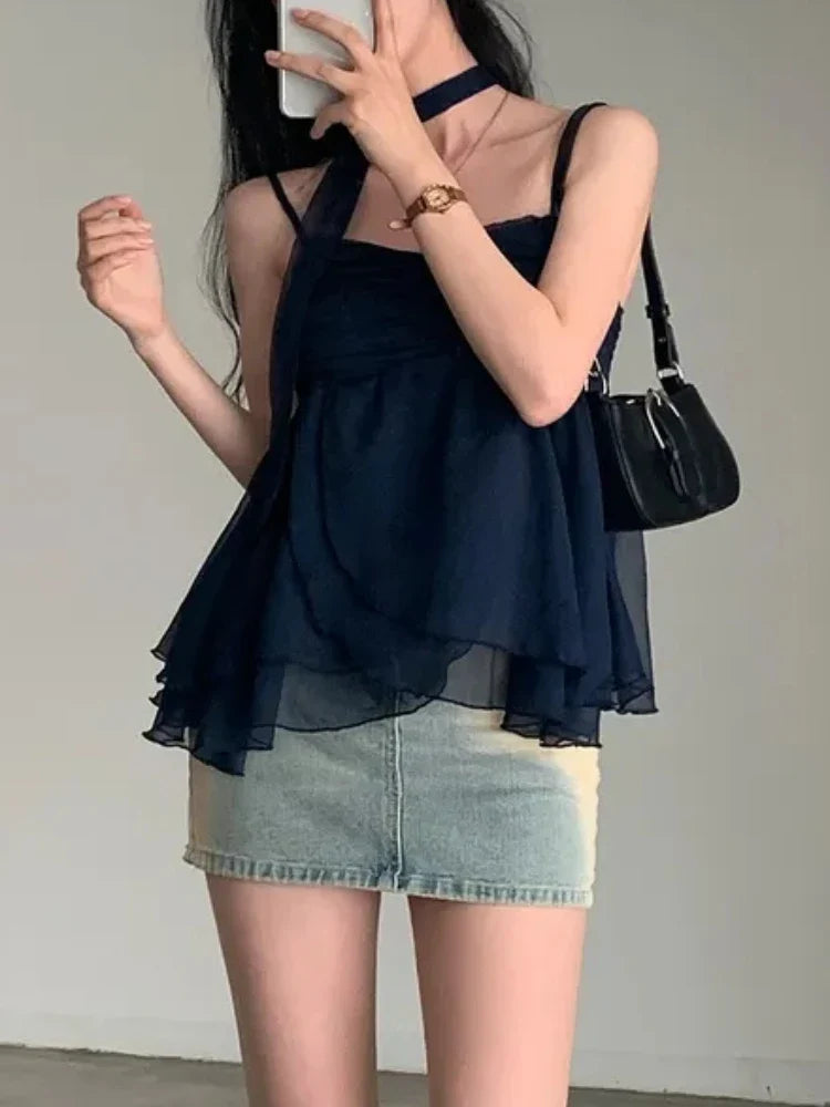 xsrrr BACK TO SCHOOL OUTFIT Korean Fashion Sexy Tank Top Loose Women Aesthetic Sleeveless Y2k Sweet Camis Party Female Halter Collar Casual Clothes Summer