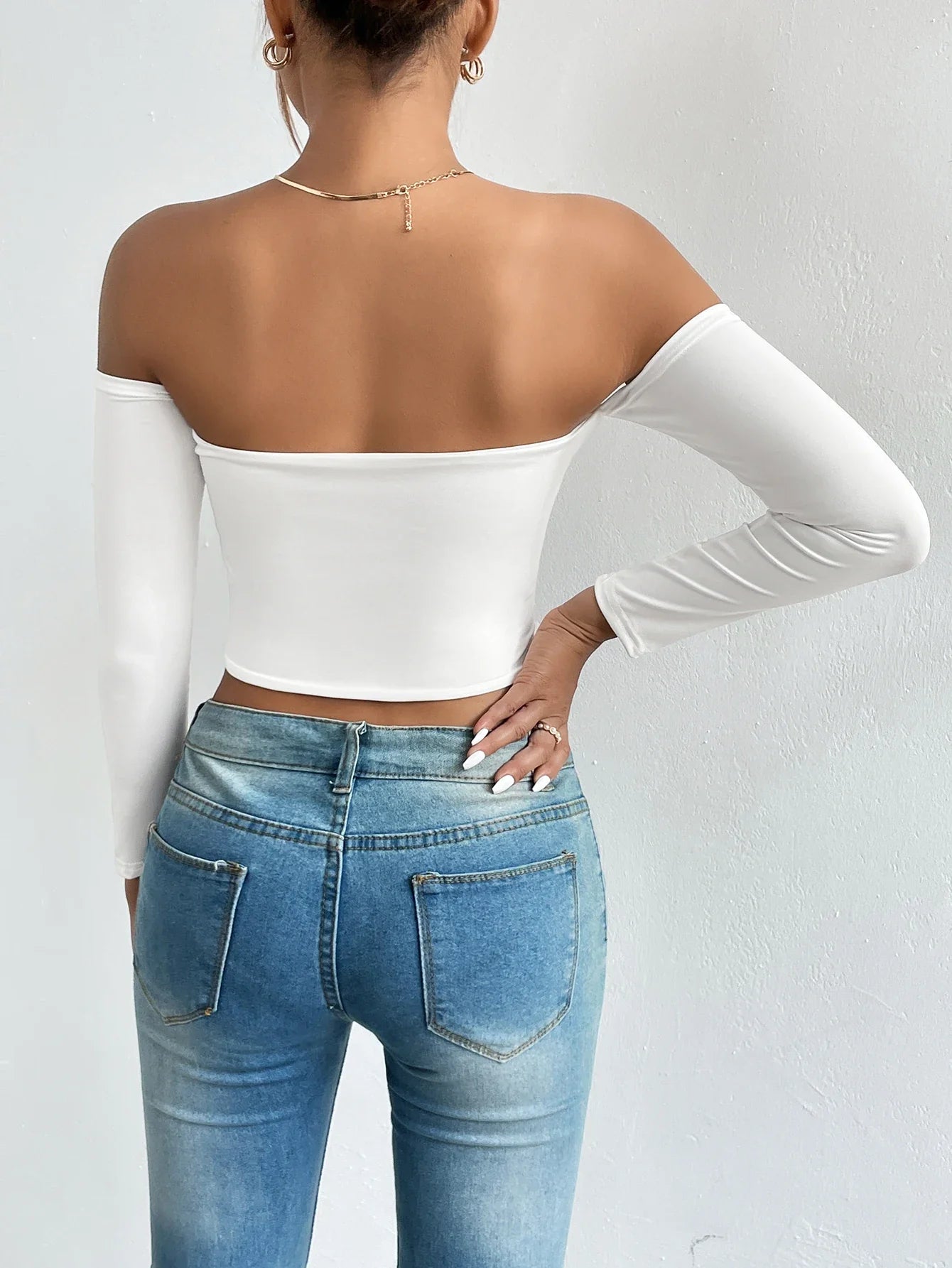 xsrrr Off Shoulder Crop T-Shirt, Casual Long Sleeve Top For Spring & Fall, Women's Clothing